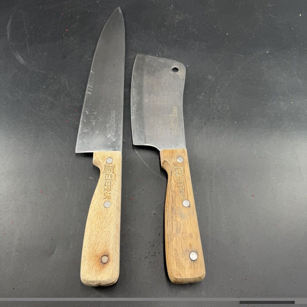 (2) VTG EKCO ETERNA Chef's Knife Steel 10" Blade Meat Cleaver Wood Handle